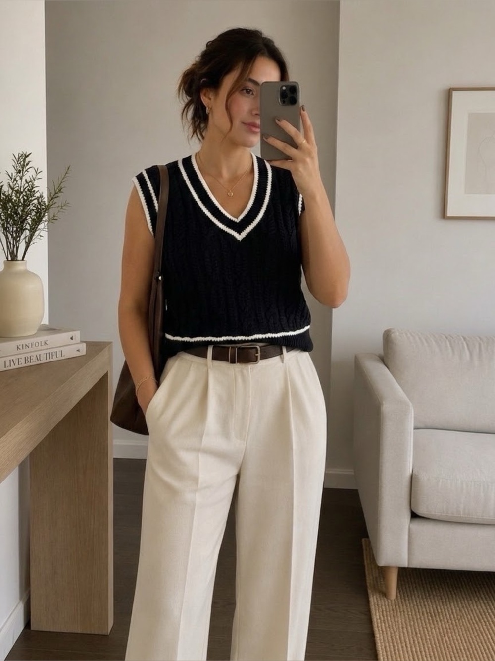 Abercrombie & Fitch Black Cable-Knit V-Neck Sweater Vest with White Trim Size XS